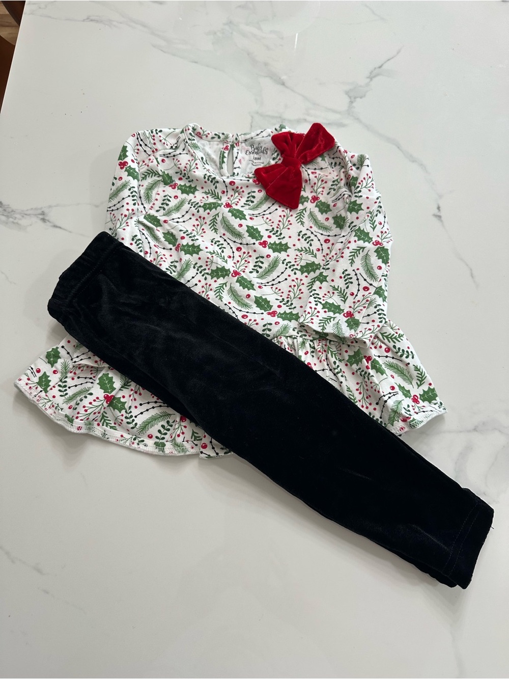 Baby Essentials White Holiday Dress with Green Holly and Red Accents